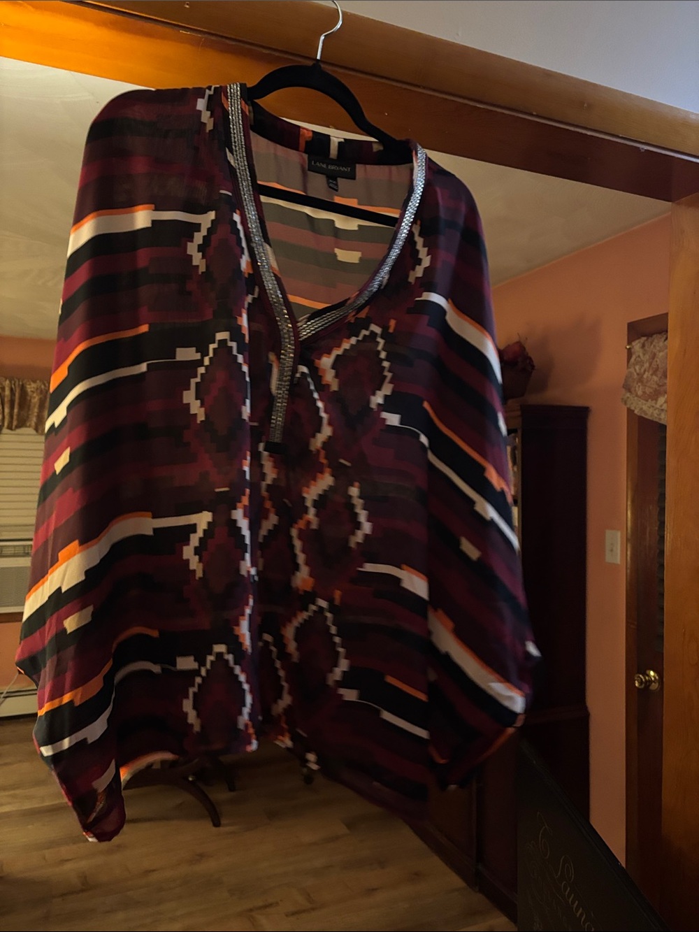 Lane Bryant Multi-Color Geometric V-Neck Tunic with Beaded Trim
